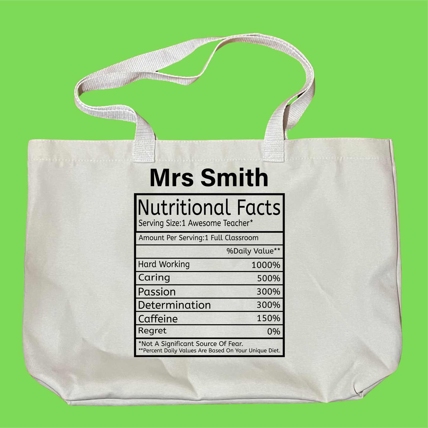 Nutritional Facts Personalised Teacher Bag