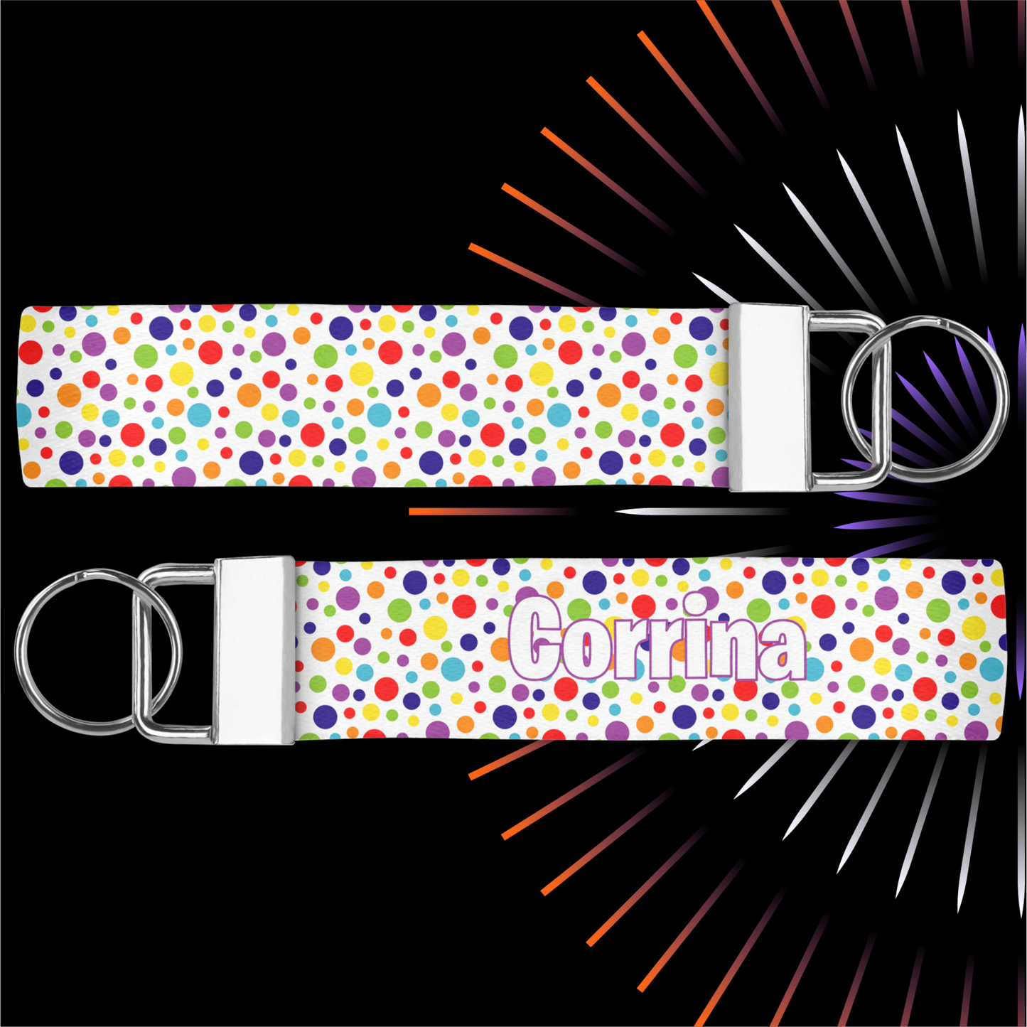 Rainbow Dots Fabric Wristlet Keychain With Optional Personalisation