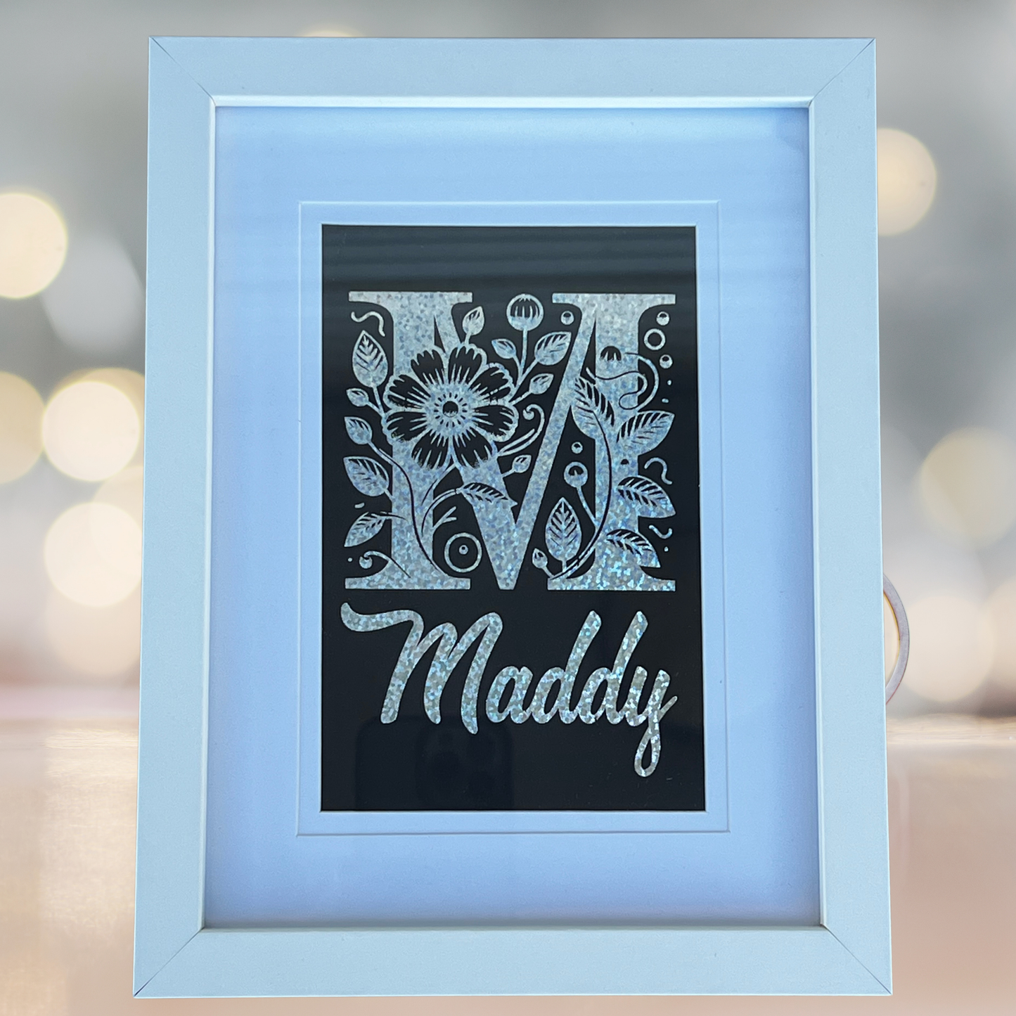 Framed Floral Monogram With Name Foil Print