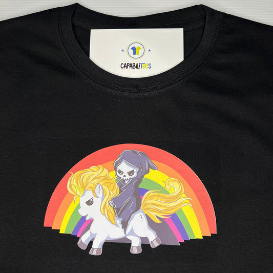 Death Skeleton Riding Unicorn In Front of Rainbow Tee