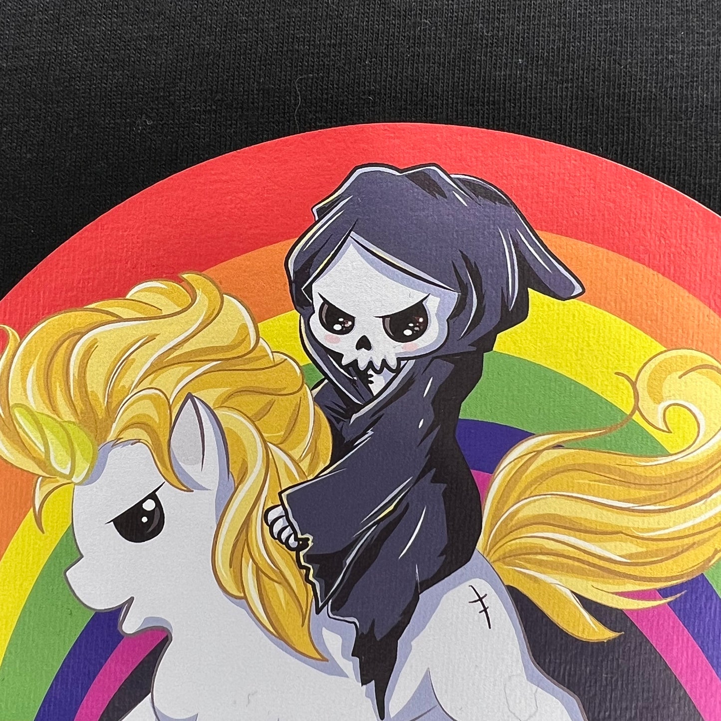 Death Skeleton Riding Unicorn In Front of Rainbow Tee